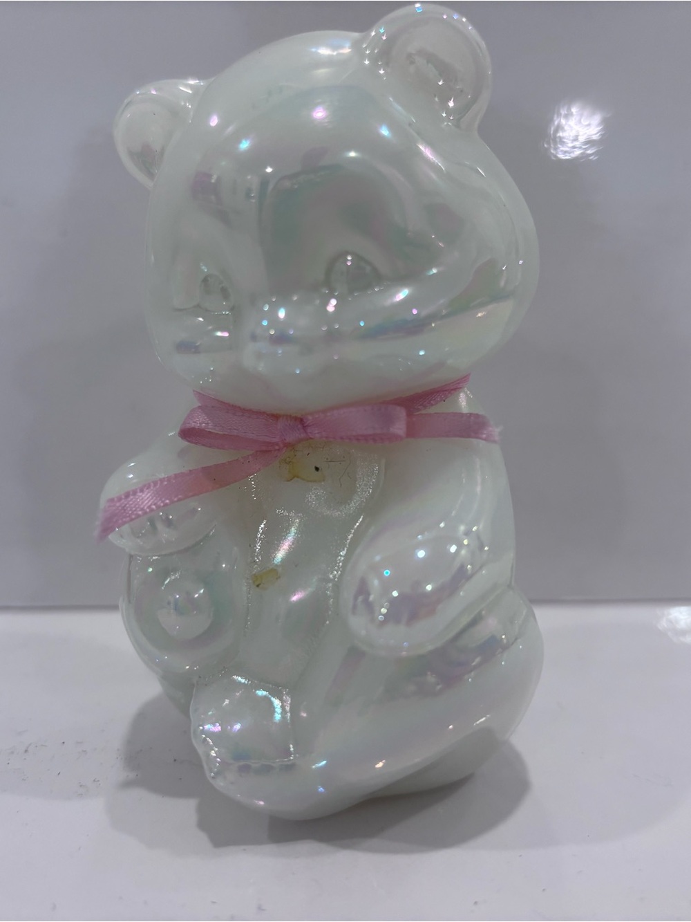 Vintage FENTON Opalescent Milk Glass Bear With Pink Bow & Flower Figurine